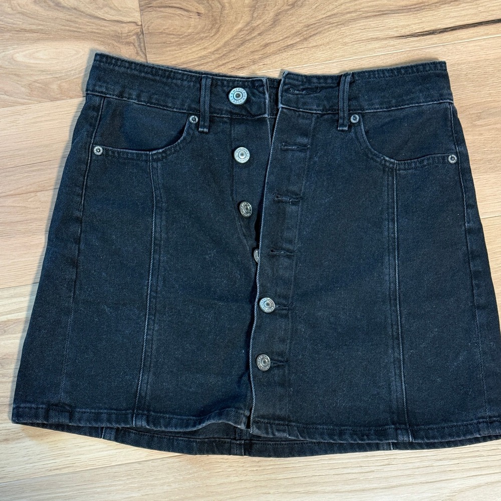 American Eagle Denim Skirt Womens Size 0 Black Button Front A-Line Mini